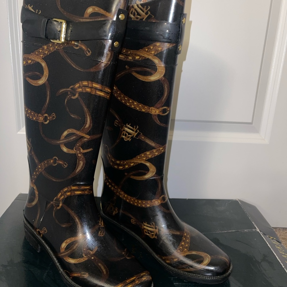 Ralph Lauren Black and Brown Winter Rain Boots